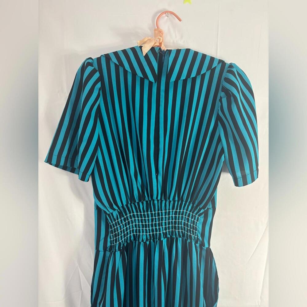 Striped Turquoise+Black Wide Leg Collar Slight Puff Sleeve Retro Jumpsuit Size M - Picture 5 of 9
